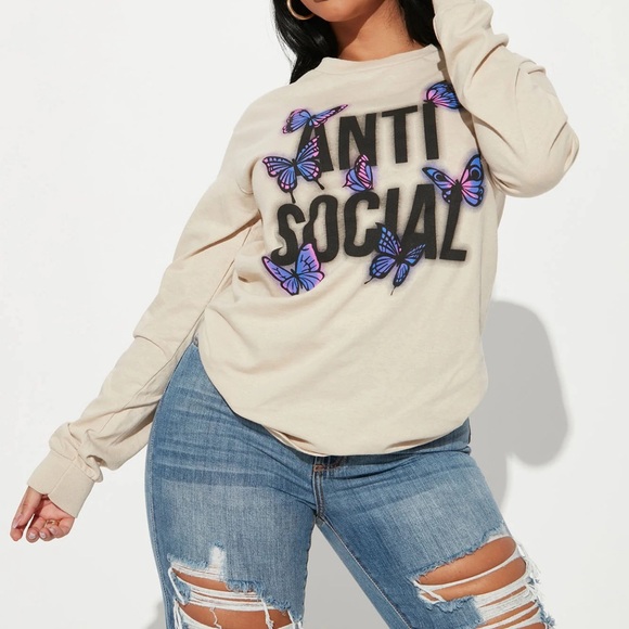 •Anti Social• Graphic Long Sleeve Butterfly Design Taupe Crew Neck T-Shirt - Picture 3 of 3